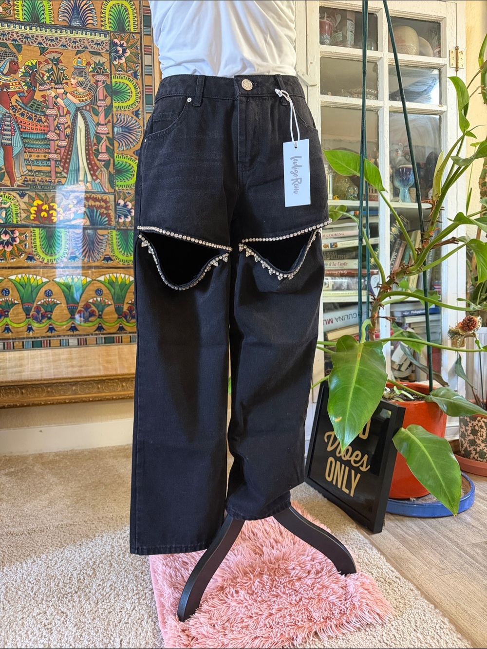 Black rhinestones cutout jeans